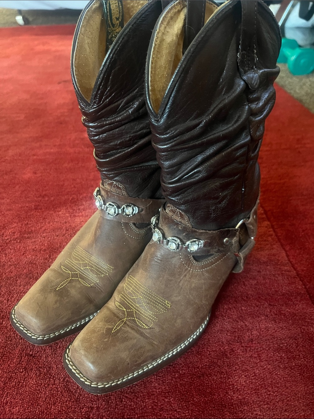 Vintage Western Brown Leather Smoky Brown Cowboy Harness Chain Boots - Picture 2 of 8
